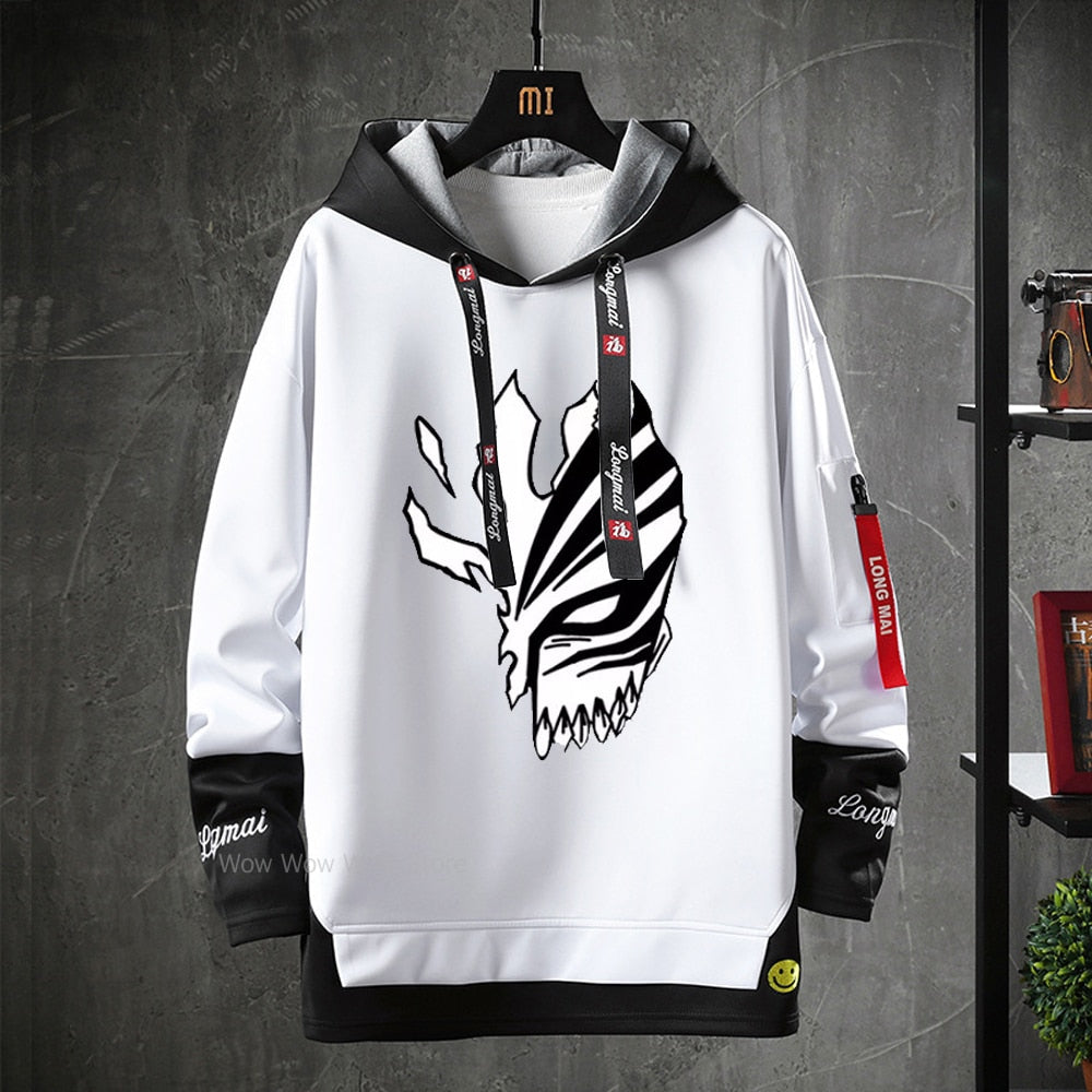 Anime Bleach Hoodies Streetwear Kurosaki Ichigo Ribbons Letter Print Hoodie Fake Two Piece Patchwork Sweatshirt Pullover Clothes