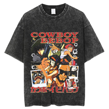 Vintage Washed Tshirts Cowboy Bebop Anime T Shirt Harajuku Oversize Tee Cotton fashion Streetwear unisex top, everything animee