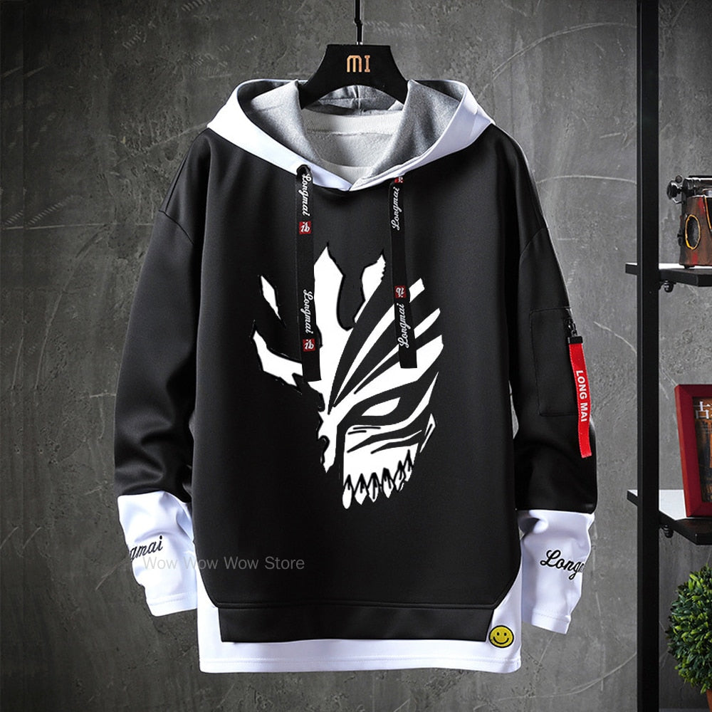 Anime Bleach Hoodies Streetwear Kurosaki Ichigo Ribbons Letter Print Hoodie Fake Two Piece Patchwork Sweatshirt Pullover Clothes