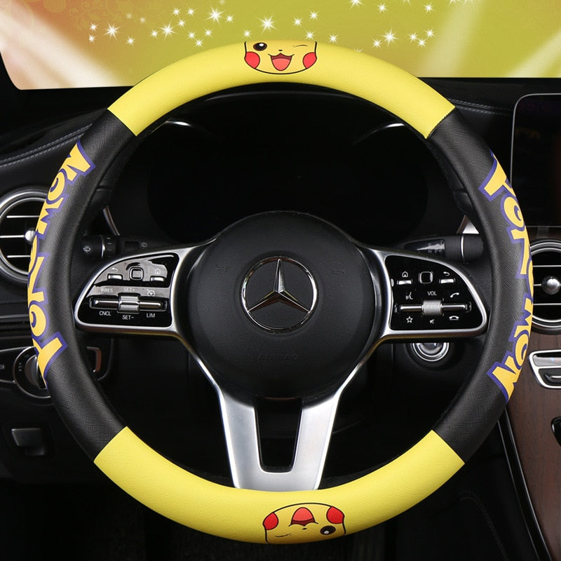 Pokemon Kawaii Pikachu Cartoon Leather Steering Wheel Cover Anime Car Interior Accessories Exquisite Decoration Surprise Gift, everythinganimee