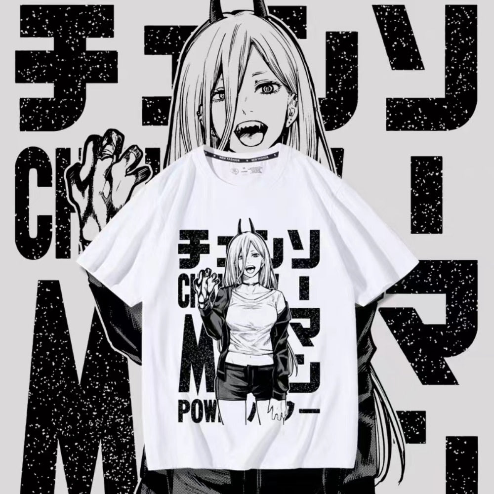 Power Anime T-shirt Chainsaw Man Manga Graphic Oversized Cotton Men Short Sleeve Tee Women Top Summer Streetwear Couple Clothing, everythinganimee