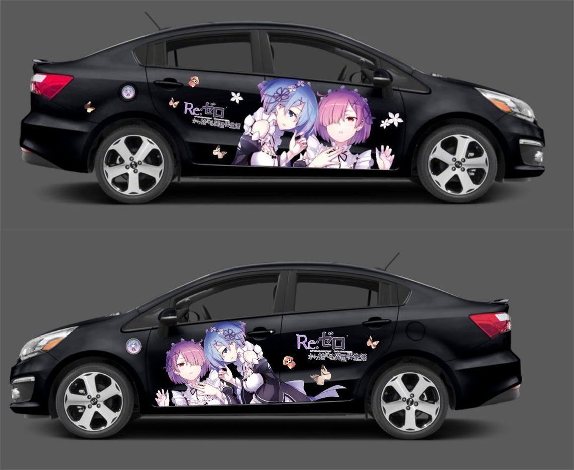 Re Zero Rem Ram Anime Car Vinyl Decal, Anime Car Wrap, Anime Car Wrap Side, One Piece Car Decal, Stickers for Sport Cars, One Part Mirrored, everythinganimee