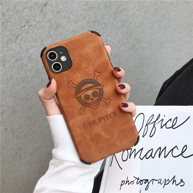 Anime ONE PIECE Luffy Retro Embossed leather cartoon Phone Case For iPhone 14 13 12 11 Pro Max Xr Xs 7 8 14 Plus Case Cute Cover, everythinganimee