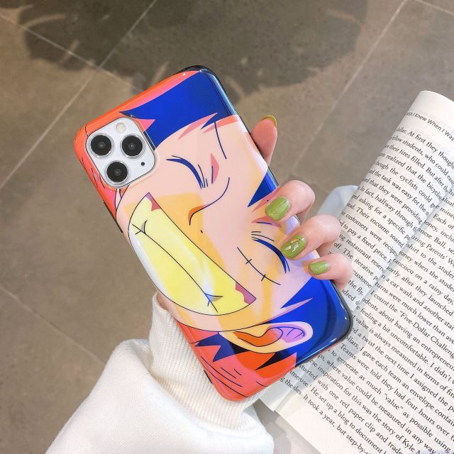 One Piece phone case for iPhone 13, 12, 11, Pro Max, 7, 8, Plus, X, XR, and XS. The case features a colorful design of Luffy and provides protection for your phone while being comfortable to hold. Perfect for One Piece fans and collectors