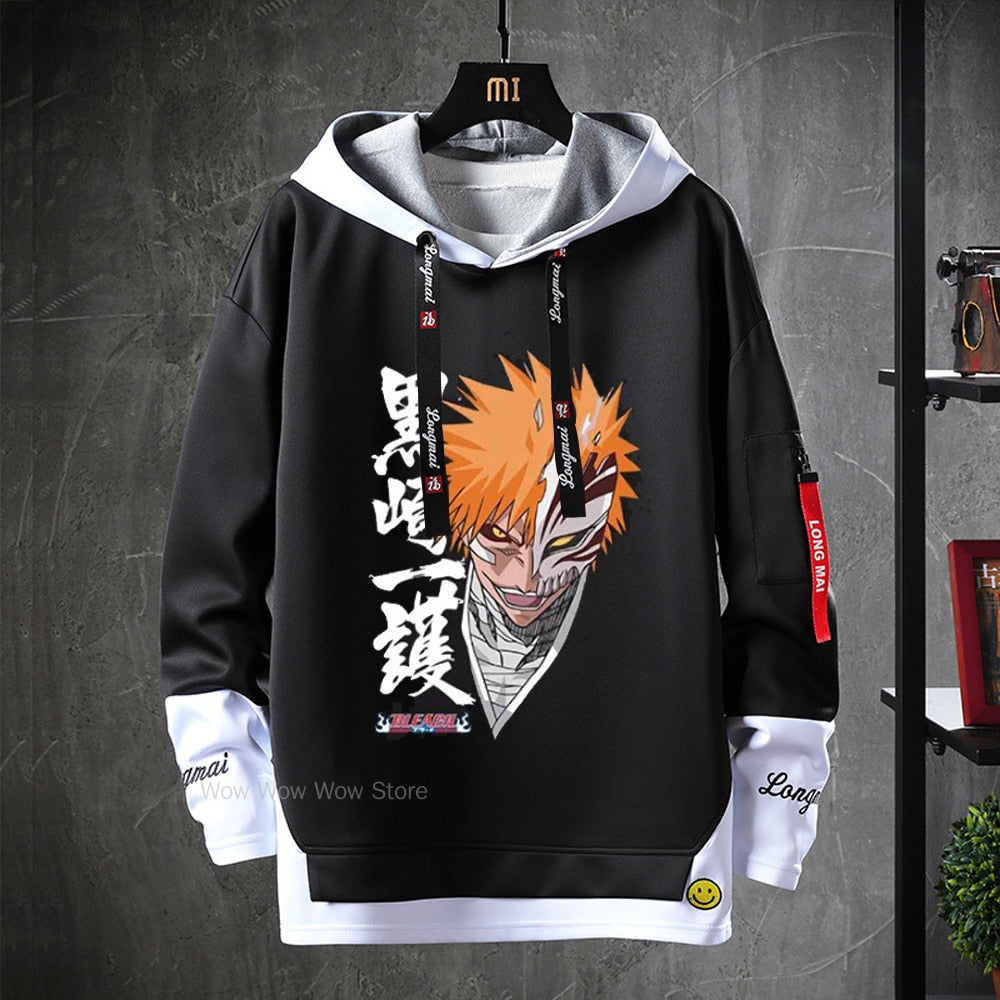 Anime Bleach Hoodies Streetwear Kurosaki Ichigo Ribbons Letter Print Hoodie Fake Two Piece Patchwork Sweatshirt Pullover Clothes