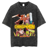 Vintage Washed Tshirts chainsaw man Anime T Shirt Harajuku Oversize Tee Cotton fashion Streetwear unisex top, everything animee