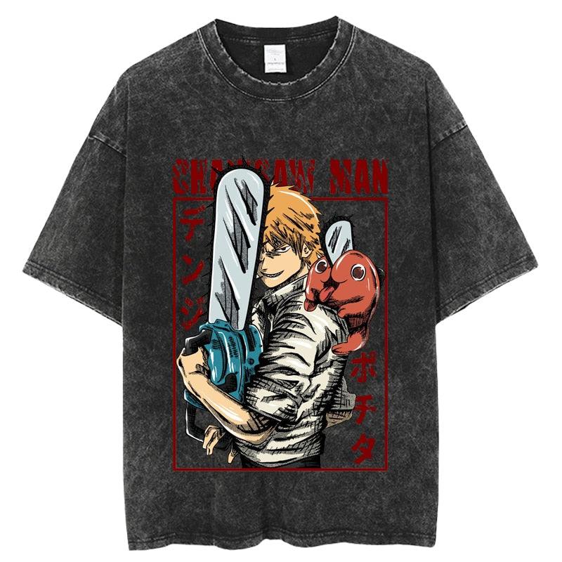 Vintage Washed Tshirts chainsaw man Anime T Shirt Harajuku Oversize Tee Cotton fashion Streetwear unisex top, everything animee