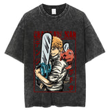 Vintage Washed Tshirts chainsaw man Anime T Shirt Harajuku Oversize Tee Cotton fashion Streetwear unisex top, everything animee