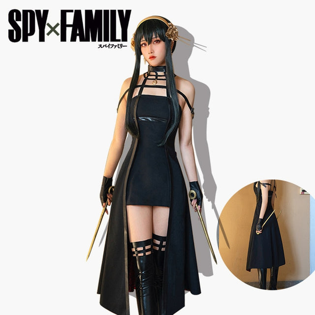 Anime Spy X Family Yor Forger Cosplay Gothic Halter Black Dress Leather Stockings Outfit Yor Earring Long Hair Women Clothes, everythinganimee