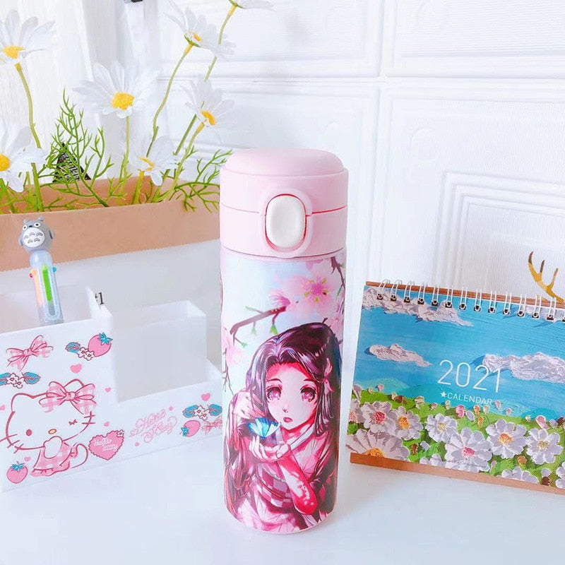 Kawaii anime water bottle cartoon Thermos Cup cans Demon Slayer stainless steel cute straw cup plastic popcicle water bottle