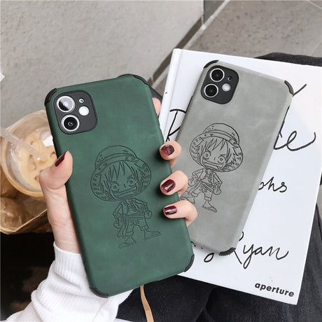 Anime ONE PIECE Luffy Retro Embossed leather cartoon Phone Case For iPhone 14 13 12 11 Pro Max Xr Xs 7 8 14 Plus Case Cute Cover, everythinganimee