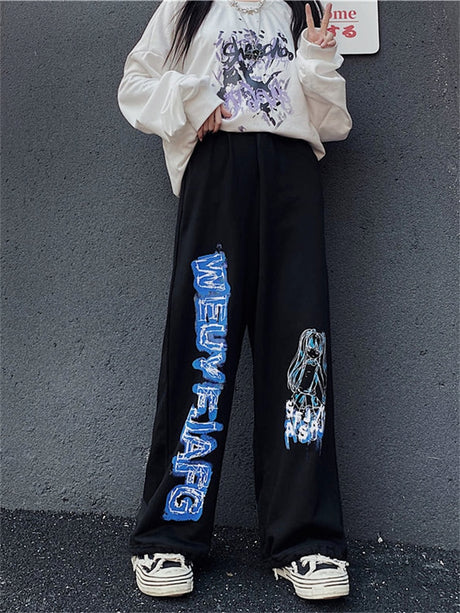 Anime Print Wide Leg Pants Women Harajuku Streetwear Alt Oversize Jogging Sweatpants Baggy Korean Fashion Joggers Trousers. everything animee