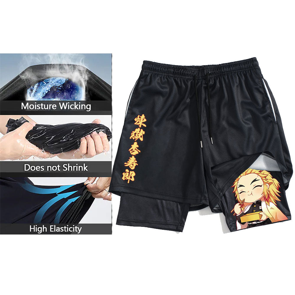 Anime Demon Slayer GYM Shorts Men 2 In1 Mesh Breathable Male Casual Rengoku Shorts Fitness Mens Bodybuilding Running Shorts, everythinganimee