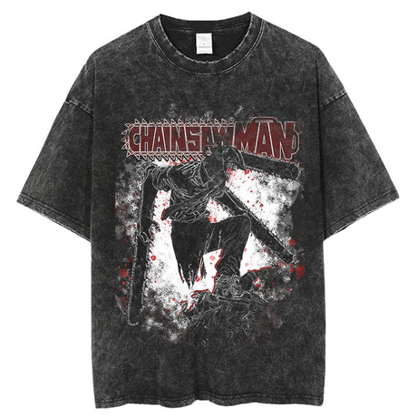 Vintage Washed Tshirts chainsaw man Anime T Shirt Harajuku Oversize Tee Cotton fashion Streetwear unisex top, everything animee