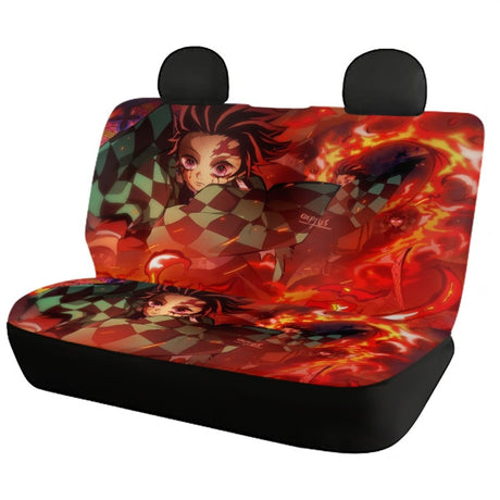 Demon Slayer Car Seat Cover Anime Cartoon Print Front & Rear Automobile Seat Protector Elastic Remove Universal Most Seat Covers, everythinganimee