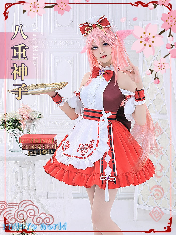 MiHoYo Genshin Impact Yae Miko Maid Doujin Dress Cosplay Costume Lovely Pink Maid Cafe Yae Miko Dress Girls Xmas Birthday Gifts, everythinganimee