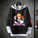 Anime Bleach Hoodies Streetwear Kurosaki Ichigo Ribbons Letter Print Hoodie Fake Two Piece Patchwork Sweatshirt Pullover Clothes