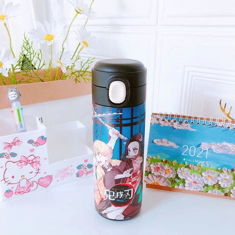 Kawaii anime water bottle cartoon Thermos Cup cans Demon Slayer stainless steel cute straw cup plastic popcicle water bottle