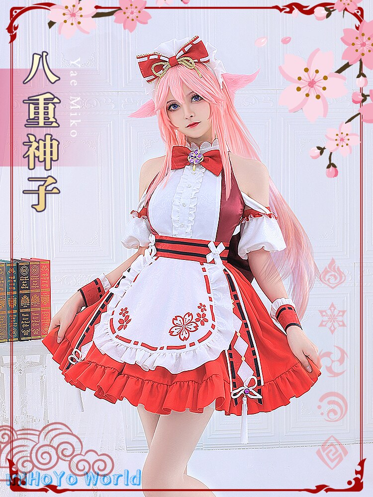 MiHoYo Genshin Impact Yae Miko Maid Doujin Dress Cosplay Costume Lovely Pink Maid Cafe Yae Miko Dress Girls Xmas Birthday Gifts, everythinganimee