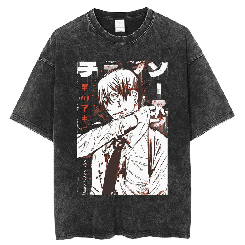 Retro Washed T-Shirt Anime Chainsaw Man T Shirt Cotton Summer Short Sleeve Tshirt Men Woman Harajuku Casual Hip Hop Streetwear, everythinganimee