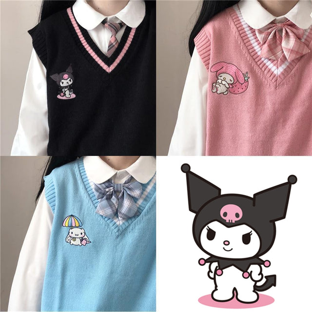 Kawaii Kuromi My Melody Cinnamoroll Sanrioes Wool Sweater V-Neck Waistcoat Vest College Lolita Girl Clothing Anime Peripherals, everythinganimee