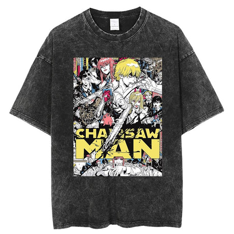 Retro Washed T-Shirt Anime Chainsaw Man T Shirt Cotton Summer Short Sleeve Tshirt Men Woman Harajuku Casual Hip Hop Streetwear, everythinganimee