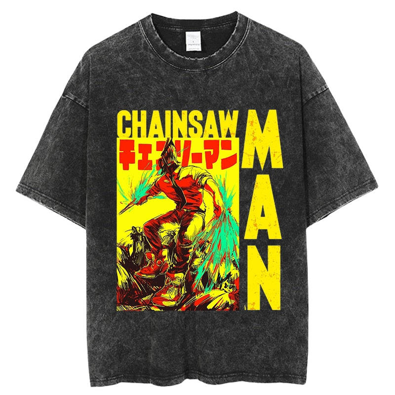 Vintage Washed Tshirts chainsaw man Anime T Shirt Harajuku Oversize Tee Cotton fashion Streetwear unisex top, everything animee