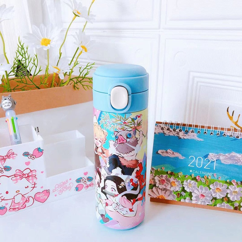 Kawaii anime water bottle cartoon Thermos Cup cans Demon Slayer stainless steel cute straw cup plastic popcicle water bottle