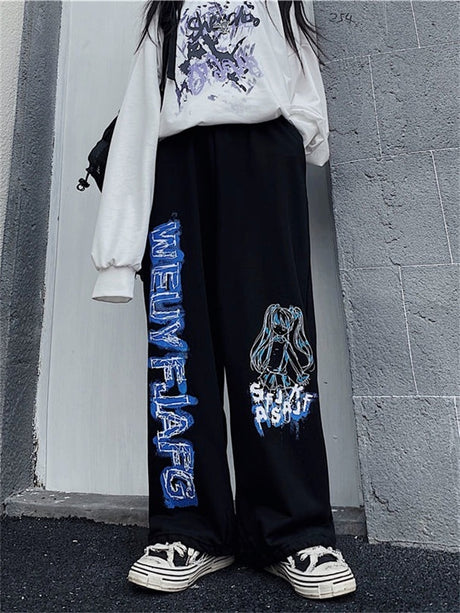 Anime Print Wide Leg Pants Women Harajuku Streetwear Alt Oversize Jogging Sweatpants Baggy Korean Fashion Joggers Trousers. everything animee