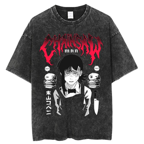 Retro Washed T-Shirt Anime Chainsaw Man T Shirt Cotton Summer Short Sleeve Tshirt Men Woman Harajuku Casual Hip Hop Streetwear, everythinganimee