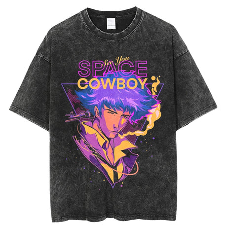 Vintage Washed Tshirts Cowboy Bebop Anime T Shirt Harajuku Oversize Tee Cotton fashion Streetwear unisex top, everything animee