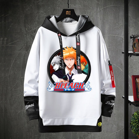 Anime Bleach Hoodies Streetwear Kurosaki Ichigo Ribbons Letter Print Hoodie Fake Two Piece Patchwork Sweatshirt Pullover Clothes