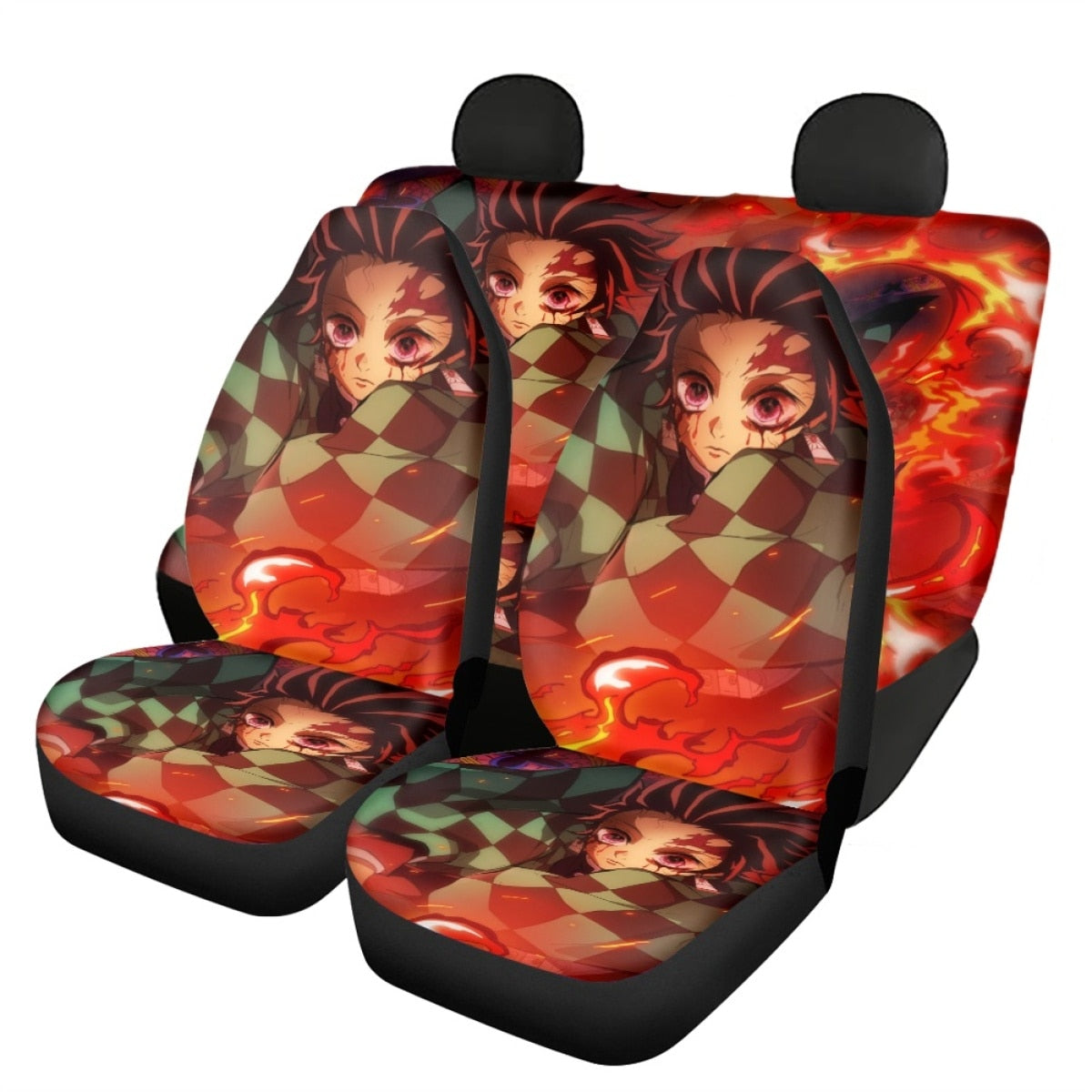 Demon Slayer Car Seat Cover Anime Cartoon Print Front & Rear Automobile Seat Protector Elastic Remove Universal Most Seat Covers, everythinganimee