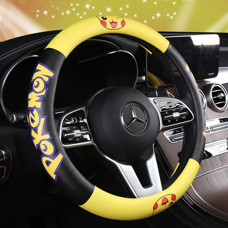 Pokemon Kawaii Pikachu Cartoon Leather Steering Wheel Cover Anime Car Interior Accessories Exquisite Decoration Surprise Gift, everythinganimee