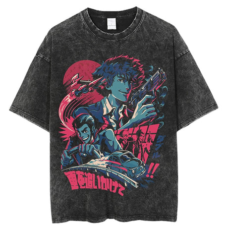 Vintage Washed Tshirts Cowboy Bebop Anime T Shirt Harajuku Oversize Tee Cotton fashion Streetwear unisex top, everything animee