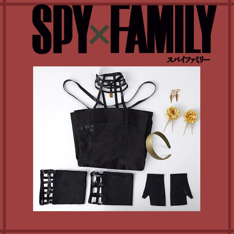 Anime Spy X Family Yor Forger Cosplay Gothic Halter Black Dress Leather Stockings Outfit Yor Earring Long Hair Women Clothes, everythinganimee