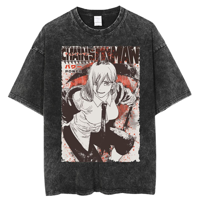 Retro Washed T-Shirt Anime Chainsaw Man T Shirt Cotton Summer Short Sleeve Tshirt Men Woman Harajuku Casual Hip Hop Streetwear, everythinganimee