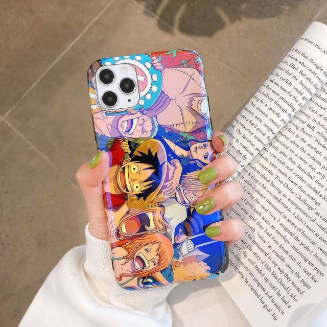 One Piece phone case for iPhone 13, 12, 11, Pro Max, 7, 8, Plus, X, XR, and XS. The case features a colorful design of Luffy and provides protection for your phone while being comfortable to hold. Perfect for One Piece fans and collectors