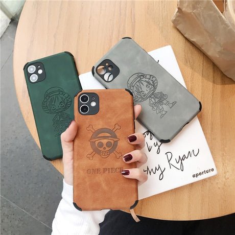 Anime ONE PIECE Luffy Retro Embossed leather cartoon Phone Case For iPhone 14 13 12 11 Pro Max Xr Xs 7 8 14 Plus Case Cute Cover, everythinganimee