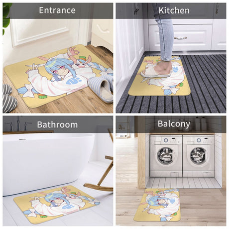 Hololive Bathroom Non-Slip Carpet Cute Usada Pekora Flannel Mat Welcome Doormat Floor Decoration Rug, everythinganimee