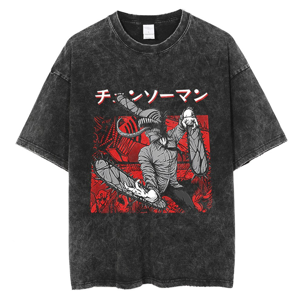 Retro Washed T-Shirt Anime Chainsaw Man T Shirt Cotton Summer Short Sleeve Tshirt Men Woman Harajuku Casual Hip Hop Streetwear, everythinganimee