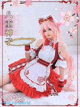 MiHoYo Genshin Impact Yae Miko Maid Doujin Dress Cosplay Costume Lovely Pink Maid Cafe Yae Miko Dress Girls Xmas Birthday Gifts, everythinganimee