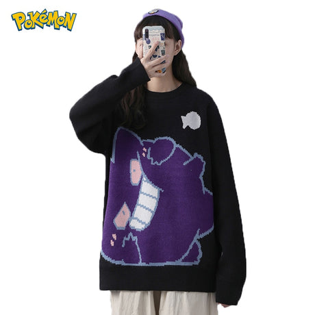 Kawaii Anime Pokemon Pikachu Gengar Printed Knitted Sweater Plus Size Women Winter Korean Casual Pullover Oversize Couple Outfit, everythinganimee