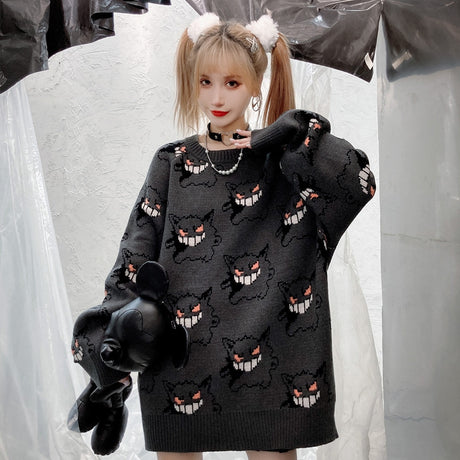 Anime Pokemon Gengar Sweater Women Harajuku Pattern Pullover Loose Korean Style Autumn Winter Warm Knitted Jumper Woman Sweaters, everythinganimee