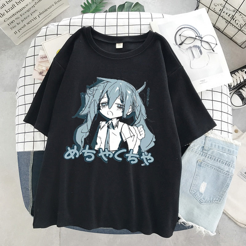 Manga Character Anime Print Harajuku Korean Top Women T-shirt Casual ladies basic O-collar Black White Short Sleeved Tshirt Girl, everythinganimee