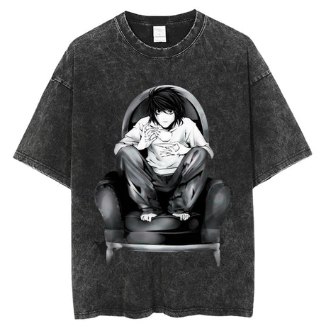 Vintage Washed Tshirts death note Anime Graphic Printing T Shirt Harajuku Oversize Tee Cotton fashion Streetwear unisex top, everything animee