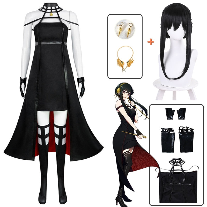 Anime Spy X Family Yor Forger Cosplay Gothic Halter Black Dress Leather Stockings Outfit Yor Earring Long Hair Women Clothes, everythinganimee