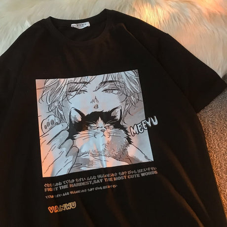 Kawaii T Shirt for Women Girl Harajuku Tshirt Korean Alt Clothes Streetwear Anime Cat Graphic Clothing 90s Tee Purple White, everythinganimee