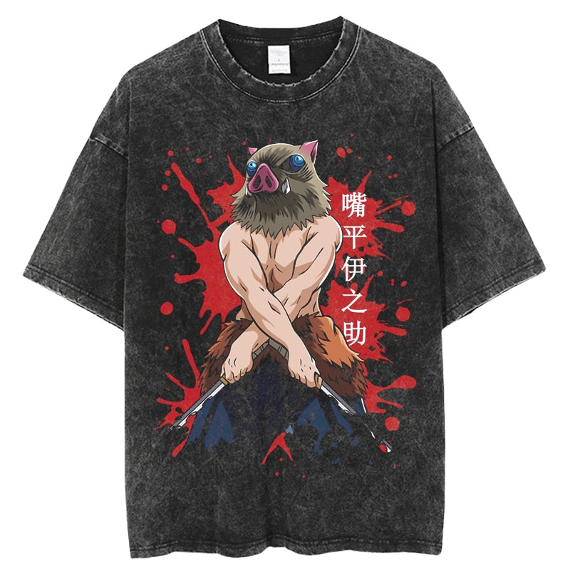 Anime Kimetsu no Yaiba Demon Slayer Washed Tshirts Men Women Inosuke Manga Print Tops Tees for Summer Gothic HarajukuStreetwear Everythinganimee, anime merch, anime gear, anime, anime stuff, buy anime, Manga Otaku Cosplay Japan Animation Shonen Shoujo Seinen Shojo Mecha Fandom Subtitle Dubbed Fanart MyAnimeList MangaStream Studio Ghibli