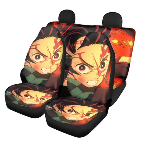 Demon Slayer Car Seat Cover Anime Cartoon Print Front & Rear Automobile Seat Protector Elastic Remove Universal Most Seat Covers, everythinganimee